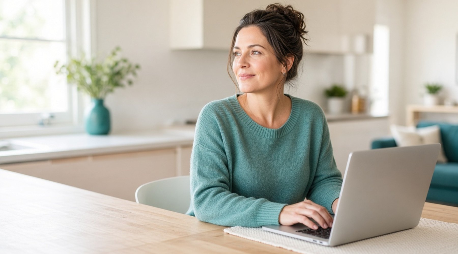 A woman at her kitchen table in morning light, looking ahead